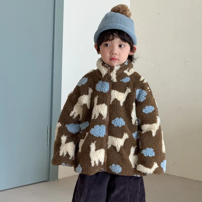 Bellbell Kinder-Lammfell-Wollmantel, Wintermantel mit Blumenmuster und Reißverschluss, 2-10 Jahre, Mädchen-Oberbekleidung, Tiermuster, Fleecejacke für Kleinkinder und Jungen – Detail 7