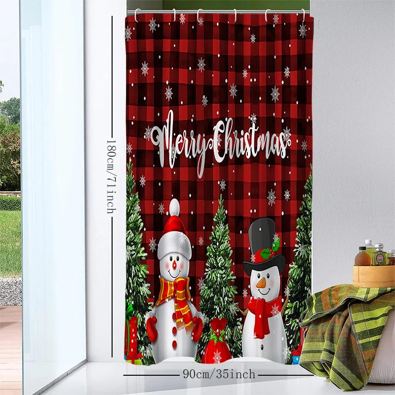 1pc Christmas Checkered Snowman Shower Curtain with Metal Grommets, Polyester Bath Curtain Widow Curtain Bathroom Decor & Access