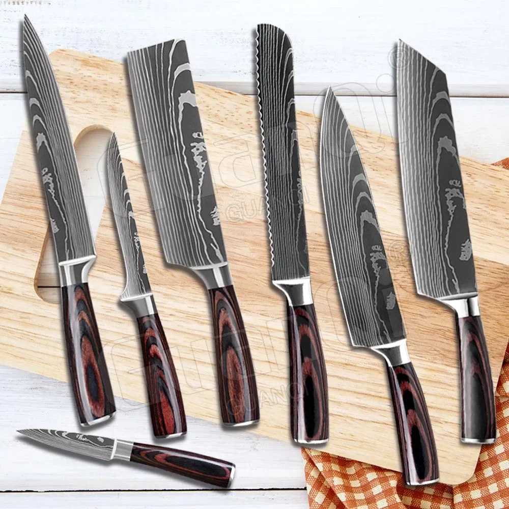 Kitchen Knife Set 1-10 pcsLaser Damascus Pattern Wood Handle Chef Knife Sharp Santoku Cleaver Slicing Utility Boning Knife Tools