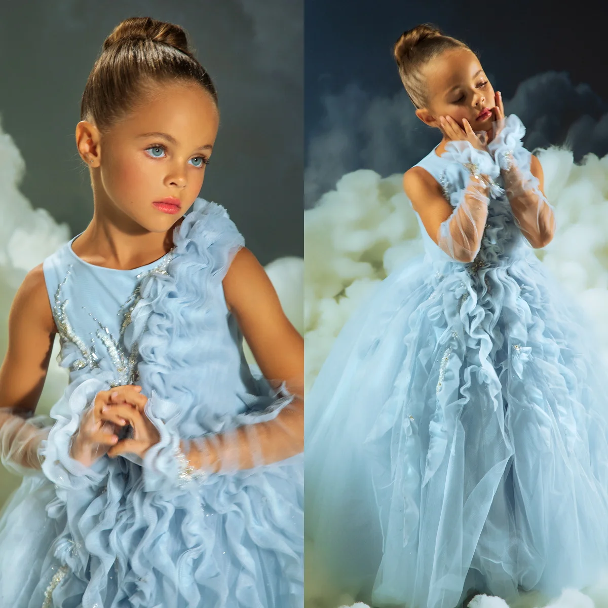 

Синие платья с рюшами и цветочным узором для девочек, индивидуальный пошив, с цветочным декором и бисером, для принцесс, на день рождения, для детских праздников, для конкурсов красоты