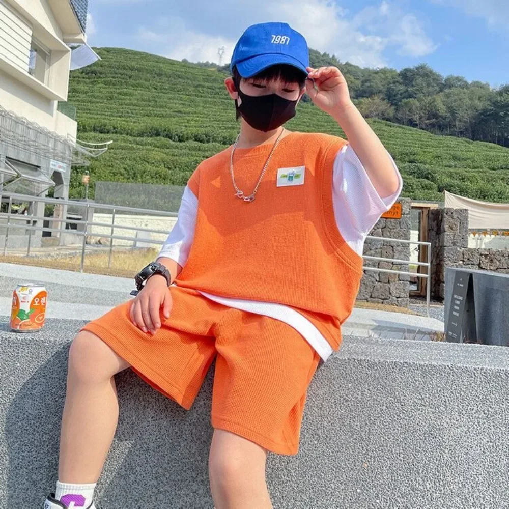 

2024 Summer Kids Short Sleeve T-shirt Shorts Sport Casual Outfits Set with Pants for Teenage Boy Clothing 2pc Boys Clothes Set