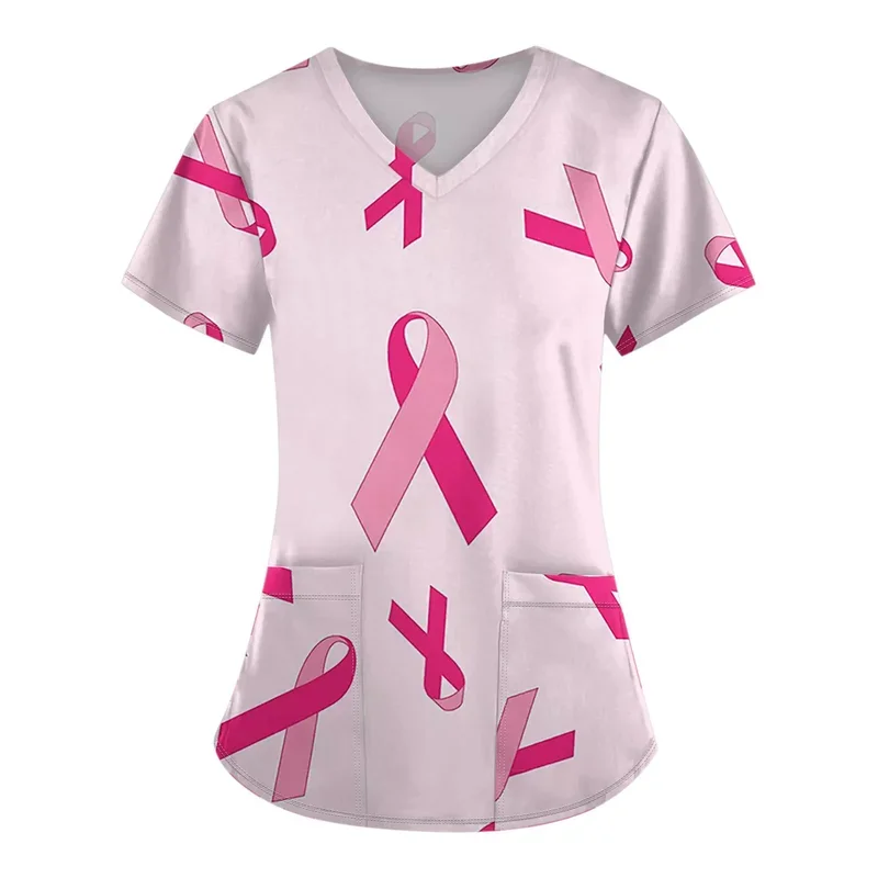 Damen-Krankenpflegehemd mit rosa Schleifendruck, kurzärmelig, VNurse-Uniform mit Taschen für klinische Arbeit. – Detail 5
