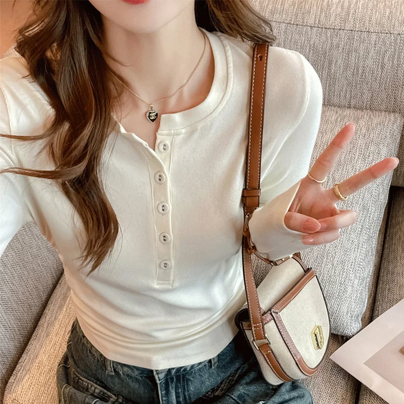 Top con botones para mujer, diseño único, hombros regulares, manga larga, Base Shi, principios de otoño e invierno, cuidadosamente seleccionado