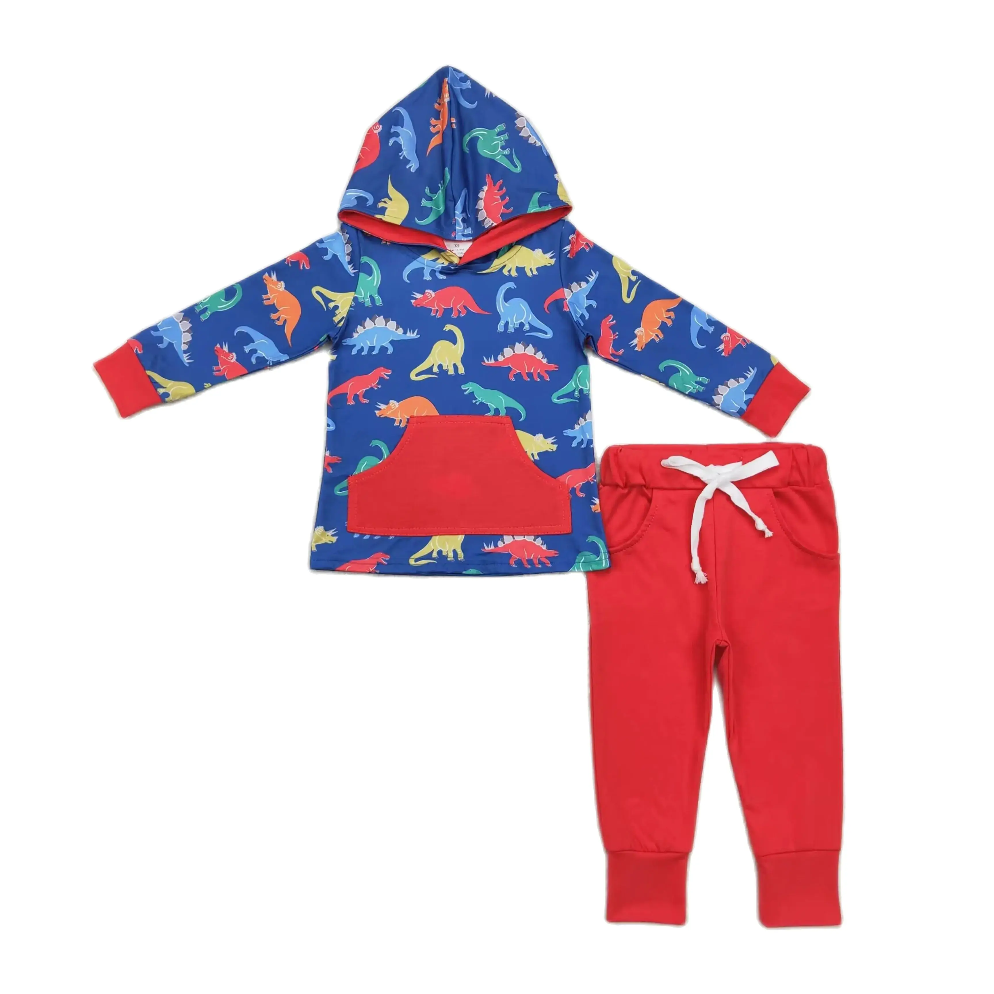 

Wholesale Baby Boy Kids Dinosaurs Hoodie Outfit Toddler Long Sleeves Pullover Pocket Red Cotton Pants Children Set Clothing