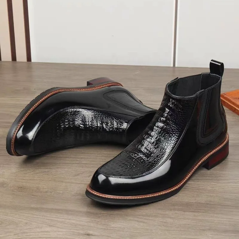 

Winter Mens Chelsea Boots Crocodile Leather Slip On Shoes Warm Lined British Style Fashion Boots For Men