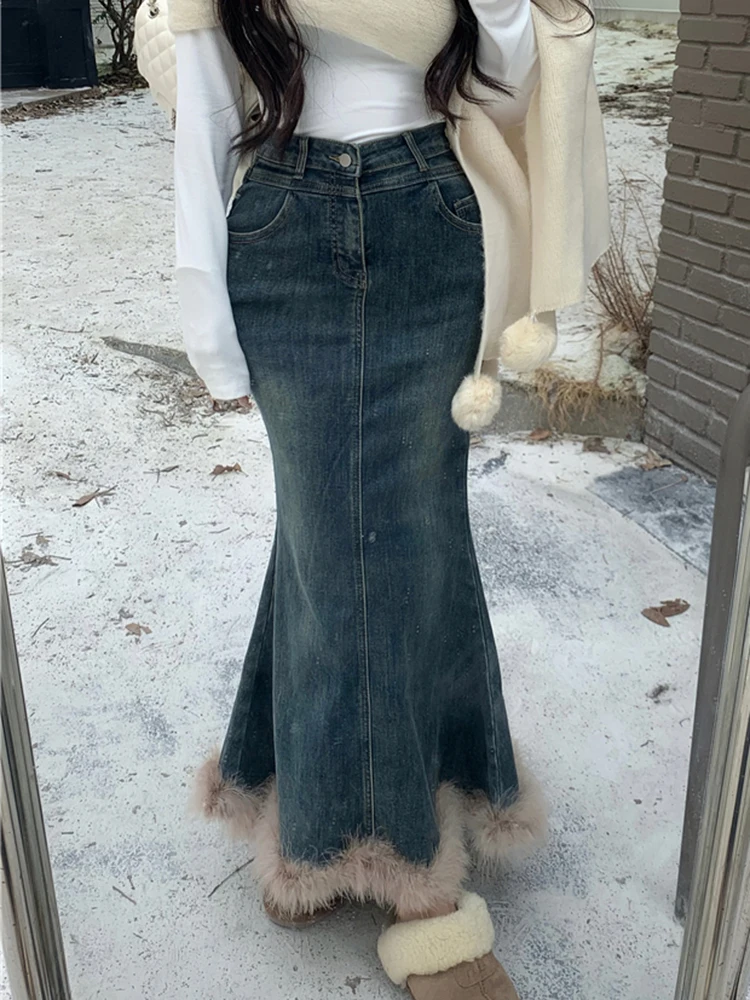 Furry Jeans Mermaid Skirts Women High Waist Skinny Skirts Y2K Harajuku Slim-Fit Elegant Denim Skirt Long Blue Skirts Female