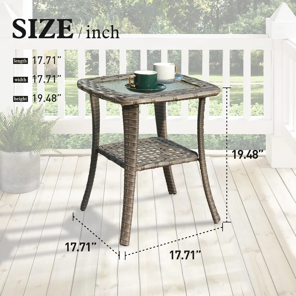 Outdoor Wicker Rattan Side Table Garden Tea Table Square End Table with Glass Top for Backyard Deck Balcony