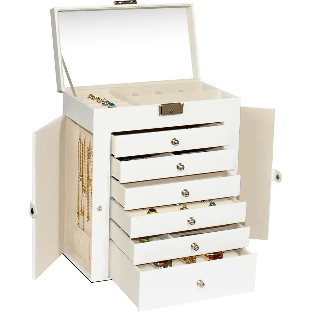 7-Layer Jewelry Box Organizer with Mirror, 6-Layer Storage Case, Necklace Ring Bracelet Watch, Brown & White