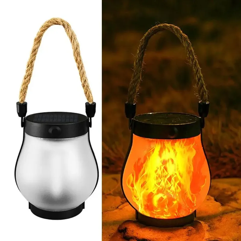 Solar Flame Lamp USB Rechargeable Camping Light Hanging Courtyard Decoration Garden Lantern Lighting Lamp With Hemp Rope