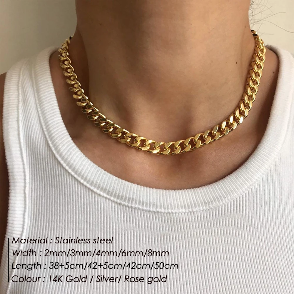 eManco Men's Cuban Link Chain Necklace Stainless Steel Women Choker Colar hip hop punk Jewelry 2MM/3MM/4MM/6MM/8MM