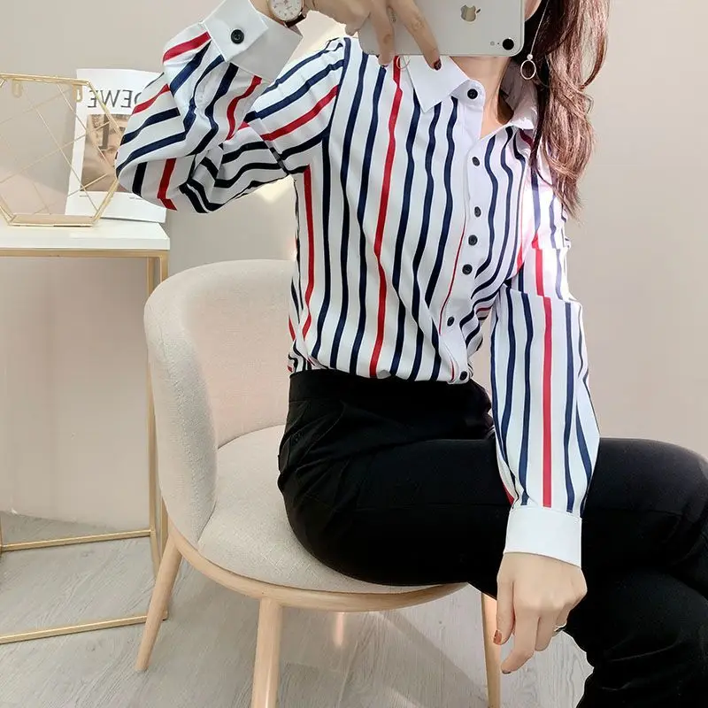 Striped Irregular Blouses Turn-down Collar Button Formal Office Lady Casual Lightly Cooked Thin Spring Summer Women\'s Clothing