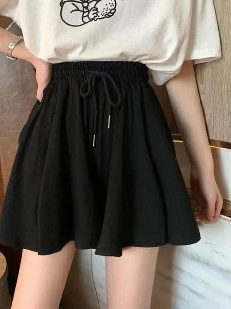 2024 Summer Shorts Skirts Women Elastic High Waist Casual Wide Leg Shorts Korean A Line Loose Mini Skirt Black Short Pants