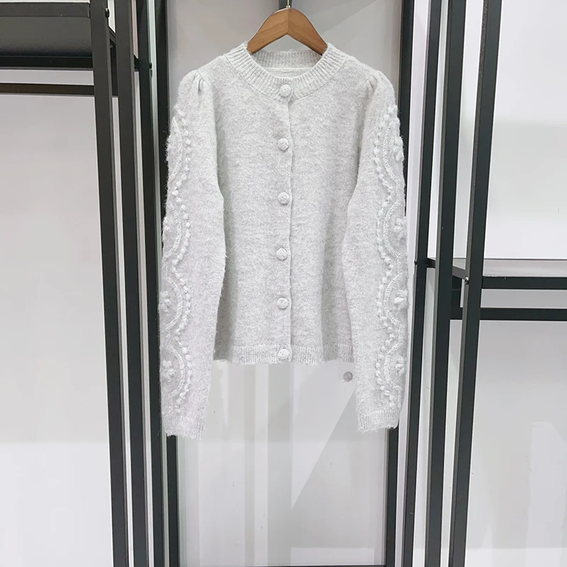 2026 Women's Light Grey Crew Neck Cardigan | Hand-Embroidered Floral, Wool Blend, Button-Front with Covered Buttons Knit Sweater