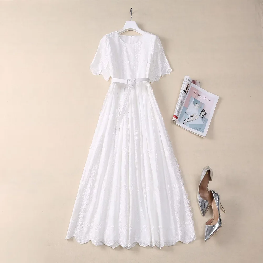 Europe and the United States women's 2024 summer new Round neck Short-sleeved white embroidered belt fashion Pleated dress XXL