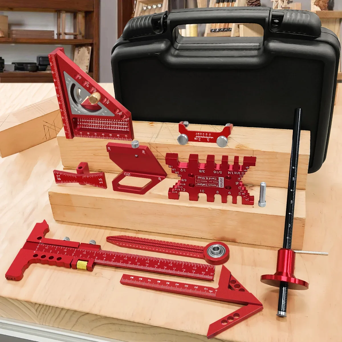10pcs Woodworking Square Kit with Box, Aluminum Scribeing Ruler,Center Finder,Circular Drawing Compass,Honing Guide,Height Gauge