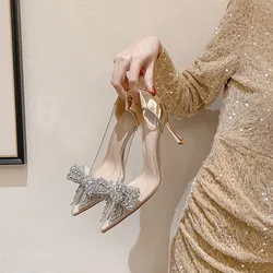 New Fashion Sliver Rhinestone Bow PVC Transparent Women Pumps Autumn Stiletto High Heels Sexy Bride Party Wedding Dress Shoes