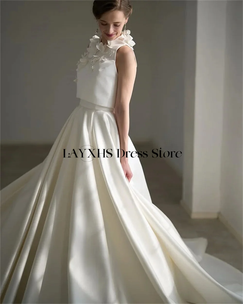 Eleganckie, ręcznie robione suknie ślubne z kwiatami 3D, dwuczęściowe, satynowe suknie ślubne w kolorze kości słoniowej z trenem, vestidos de novia, szyte na miarę