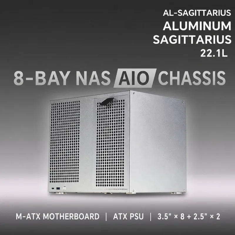 8-Bay NAS Chassis Aluminum Sagittarius – MATX/ITX Support, 4x PCIe Slots, ATX PSU, 8x 3.5" Hot-Swap + 2x 2.5" Drive Bays