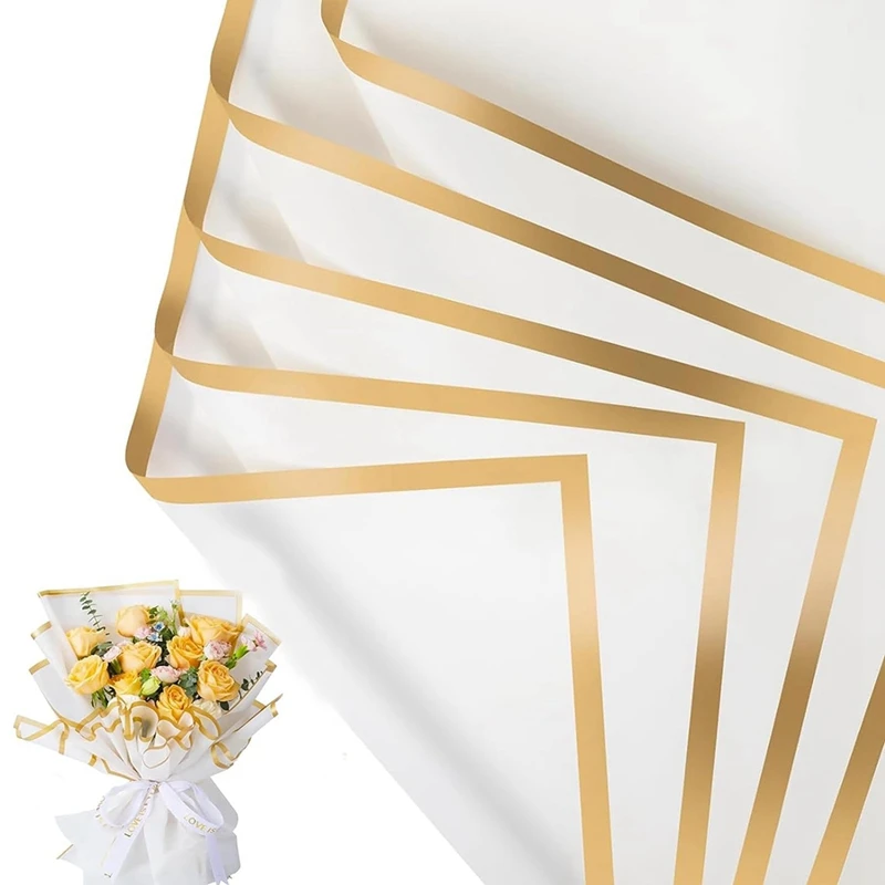 Luxury Gold-Edged 22.8X22.8Inch Waterproof Bouquet Wrapping Paper, Pack Of 20, Flower Arrangement Essentials