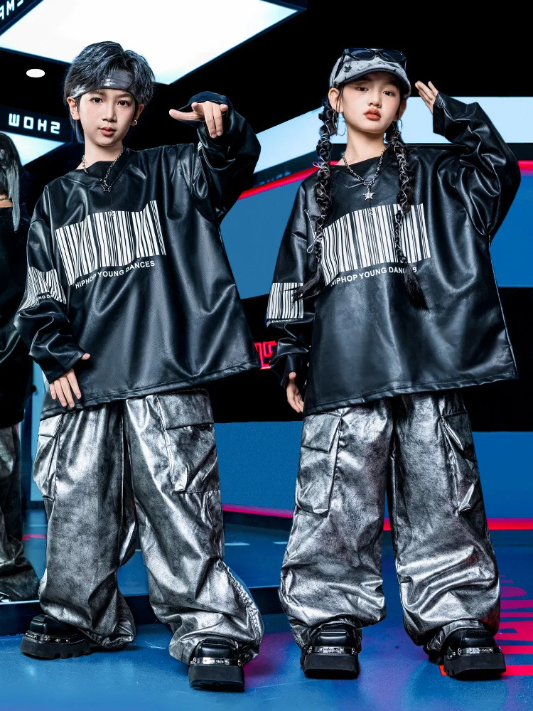 Ropa de Hip Hop Kpop para chico, sudadera de piel sintética negra, pantalones Cargo de paracaídas con tinte plateado para niña y niño, trajes de baile, ropa