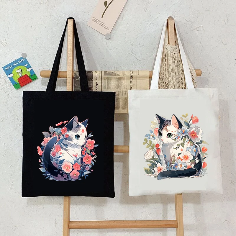 

Canvas Tote Bags Watercolor Cats Women's Shoulder Bag Cute Flower Kitten Designer Shopping Bag Japanese Style Animal Handbag