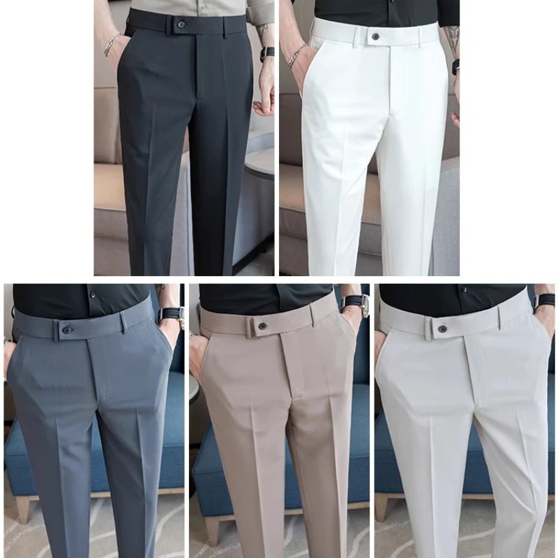 

2025 Summer Thin White Elastic Nine Cent Suit Pants for Men,gray Blue Four-side Elastic Comfortable Drape Men's Casual Trousers