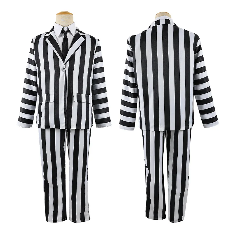 Anime Cosplay Beetle Juicee Men Black and White Striped Suit Scary Halloween Costumes Wig Tie Shirt for Cosplay Party