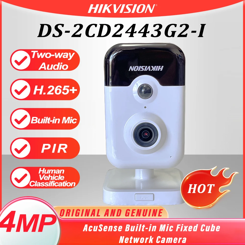 Hikvision IP Camera 4MP Two-way Audio Human and Vehicle Classification Security PIR POE Built-in Mic Cube Camera DS-2CD2443G2-I