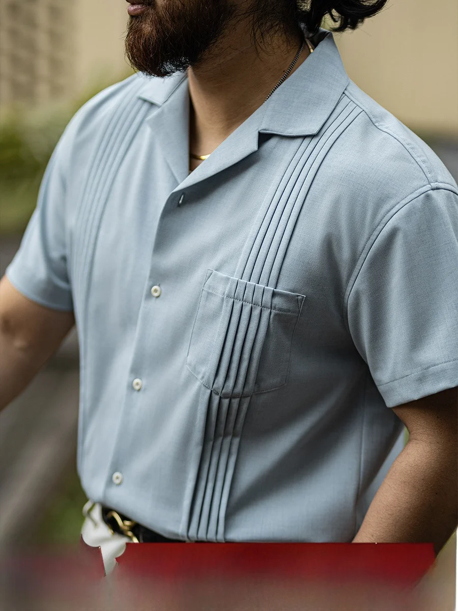 

Summer New Style Men's Cuban Collar Shirt Accordion Pleat Short Sleeve Retro Shirt Casual Style Polyester Cotton Blend Wool B...