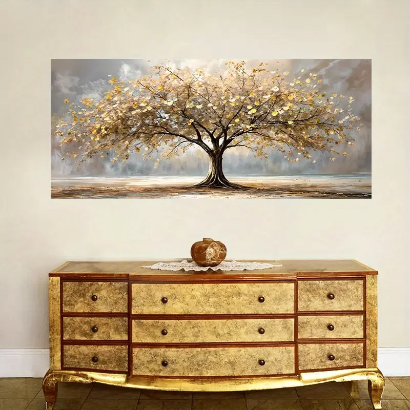 (1PC Unframe)1pc Elegant Tree of Life with Golden Leaves Canvas Wall Art - 23.6x47.2in Unframed Autumn Landscape Print in Golden