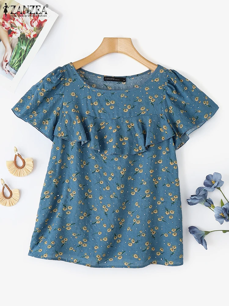 

ZANZEA Women Blouse Fashion Floral Print Shirts 2025 Summer Short Sleeve Ruffled Tunic Tops Casual Loose Beach Blusas Femininas