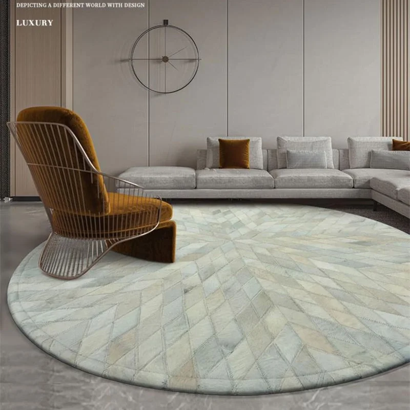 Light Luxury Cowhide Round Carpet For Living Room Manual Splicing Fur Rugs For Bedroom Advanced Office Decoration Floor Mats