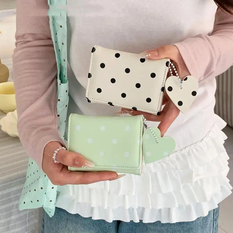 Cute Polka Dot PU Leather Wallet With Heart Pendant Large Capacity For Daily Use Casual Outings Shopping