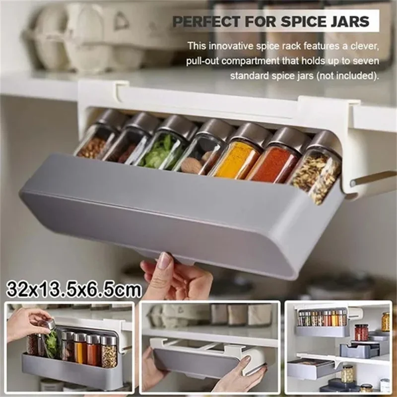 

New Home Kitchen Self-adhesive Wall-mounted Under-Shelf Spice Organizer Spice Bottle Storage Rack Kitchen Supplies Storage