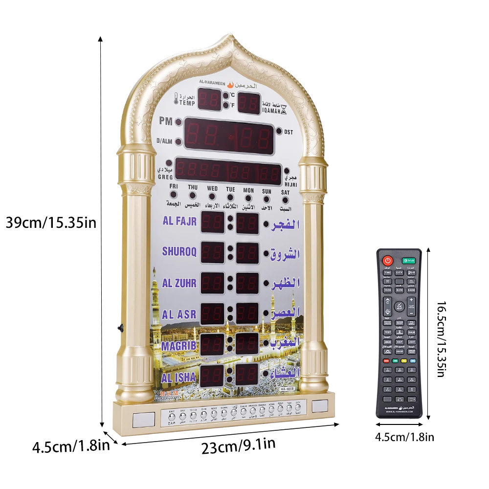 Digital Azan Mosque Prayer Clock Islamic Mosque Azan Calendar Muslim Prayer Wall Clock Alarm Ramadan Home Decor + Remote Control