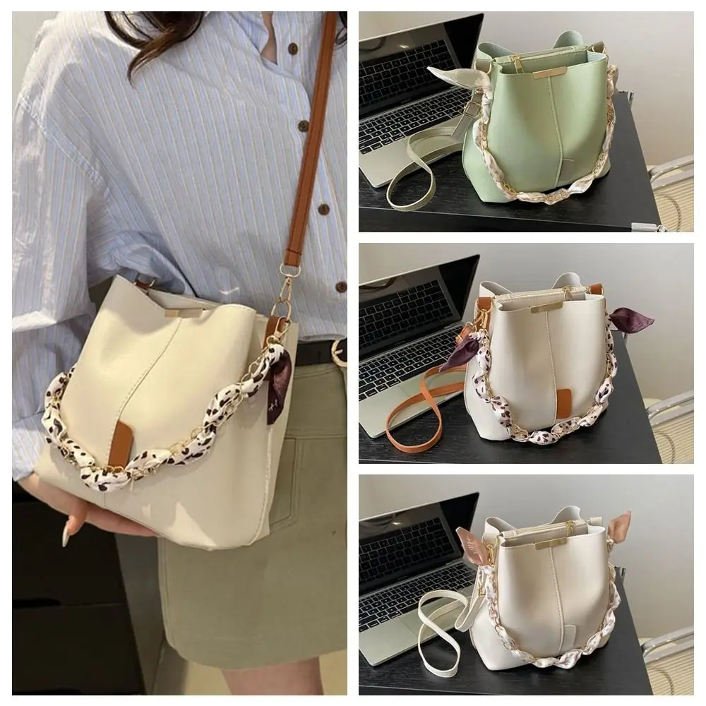 

Soild Color Women Bucket Bag Handbag Single Shoulder PU Leather Handbag Large Capacity Korean Style Chain Crossbody Bag Travel