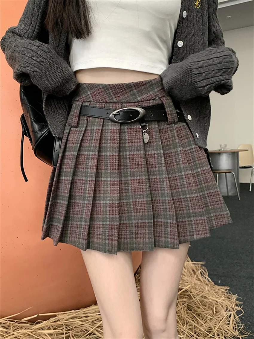 

PLAMTEE Preppy Style Women Vintage Mini Skirts Autumn Chic Plaid A-Line 2023 OL Pleated Office Lady High Waist Slim New Daily