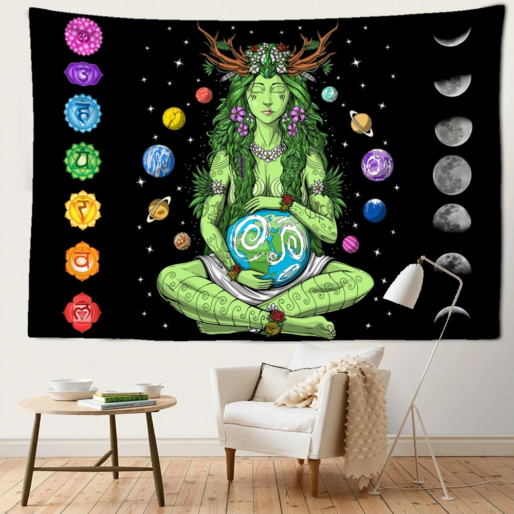 Green Girl Seven Chakra Tapestry Wall Hanging Abstract Psychedelic Witchcraft Art Bohemian Dormitory Living Room Home Decor