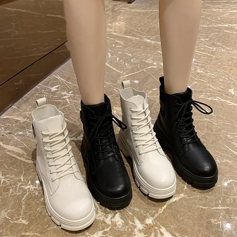 Platform Shoes Women Fashion Round PU Ankle Boots Elastic Black Soft Comfortable Boots Woman Goth Round Head Autumn Ladies Beige