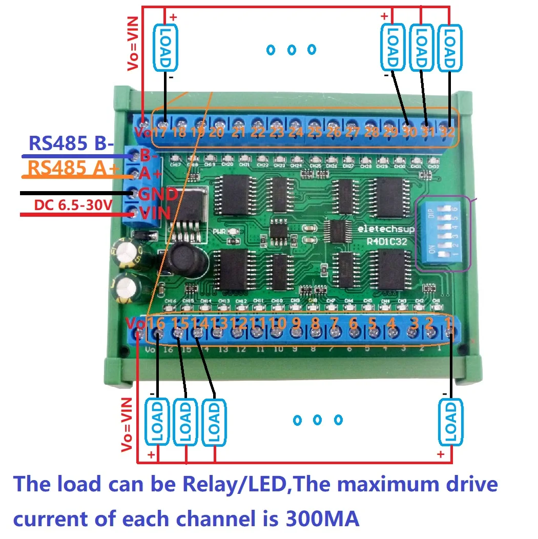 2x DC 6.5-30V 32ch Modbus RTU RS485 PLC IO expansion Board ULN2803A Darlington Transistor Relay LED driver Module