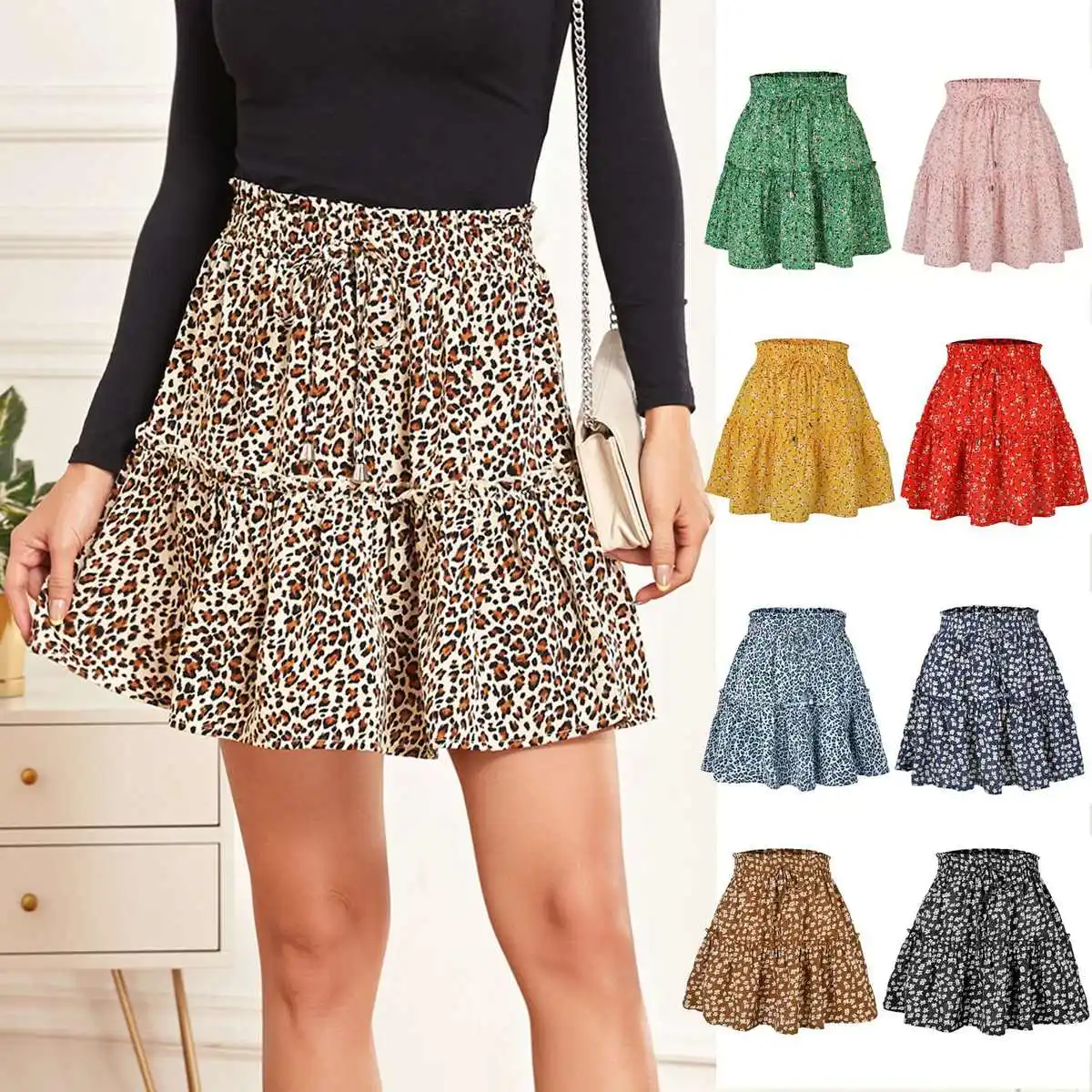 

High Waist Faion Printed Skirt Casual S Women's 2025 High Waist Polyester Cotton Blend A-Line Skirt with Knot