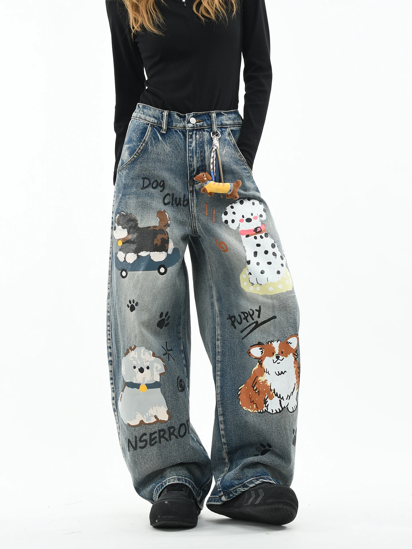 

Мужские джинсы OV Original American Sle свободного кроя с широкими штанинами, длиной в пол, с принтом собаки, из денима, с подвеской, повседневные, кофейного цвета.