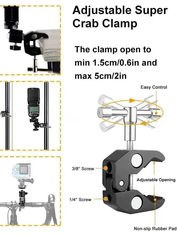 Super Pince avec 360 ° Mini support de pince à dégagement rapide à rotule, support de trépied, Clip à vis 1/4 pour appareil photo DSLR Gopro