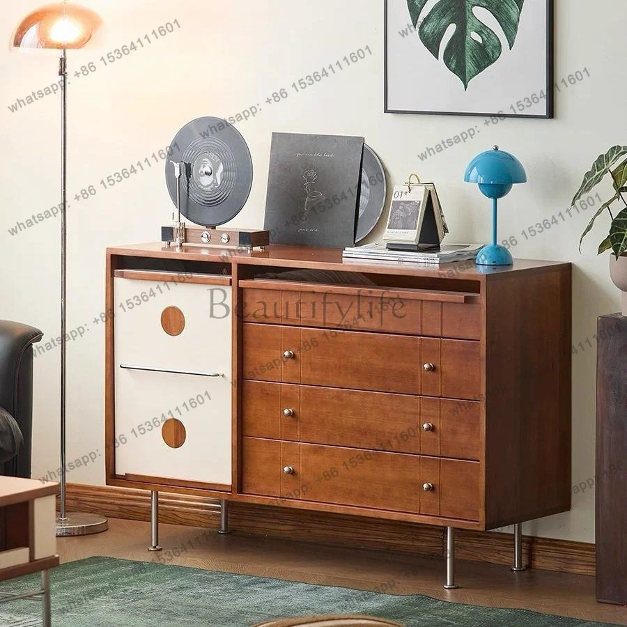 Solid wood retro color matching side cabinet storage living room locker