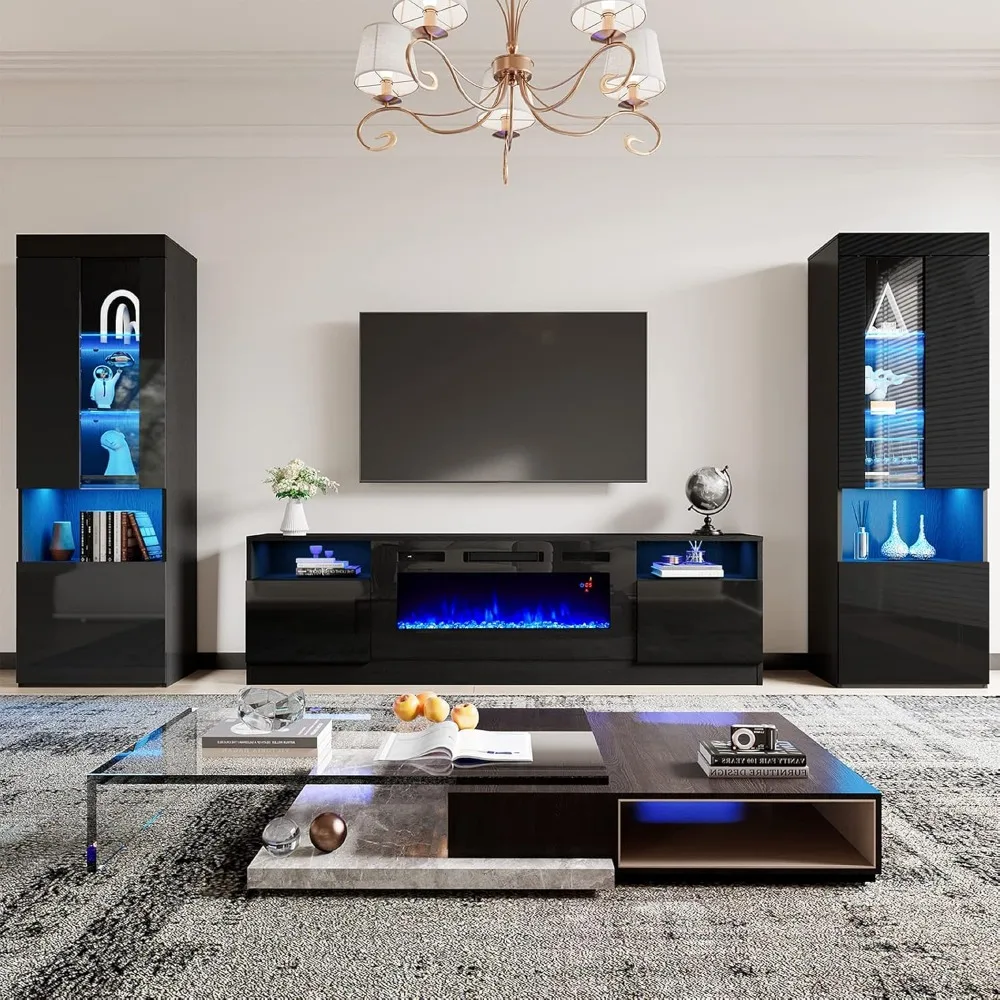 

Fireplace TV Stand Set, Includes 80" Fireplace TVs Stands & 2 LED Highgloss Bookcases, TVs Up To 90", Modern Highgloss TV Stand