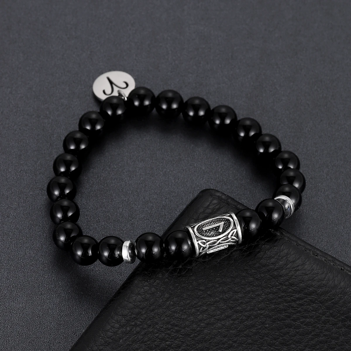 Fashion Bright Obsidian Beaded Bracelet Men 8mm Natural Stone Viking Rune Constellation Pendant Bracelets Jewelry Pulseras Homme