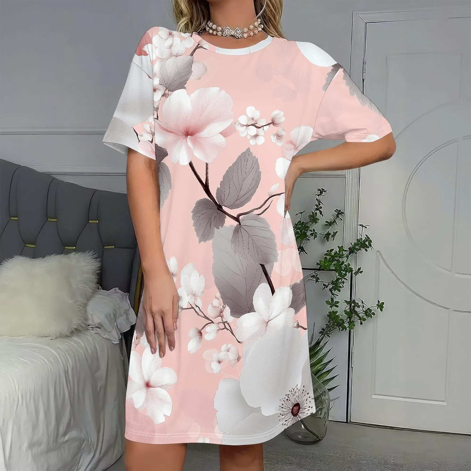 

Floral T-Shirt Dress, Pink Blossom Print Short Sleeve Shift Dress, Casual Loose Fit Summer Sundress for Women, S-2XL