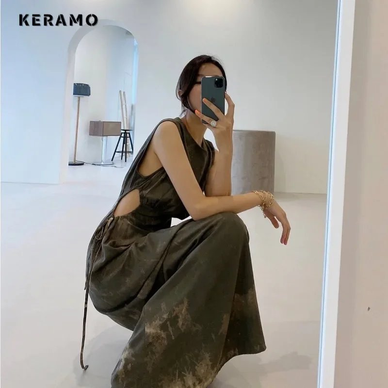 

Casual Sexy Vintage Sleeveless Hollow Out Tie Dye Long Dress 2024 Summer Women Hotsweet Lace-up Folds High Waist Camisole Dress