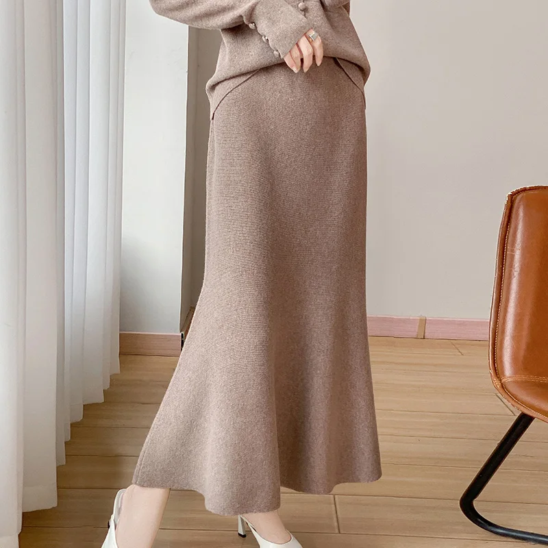 Women's Mid-Calf Skirt 100% Pure Australian Wool Knit Formal Dress Mocha 5 Colors Available Free Shipping JN 2025
