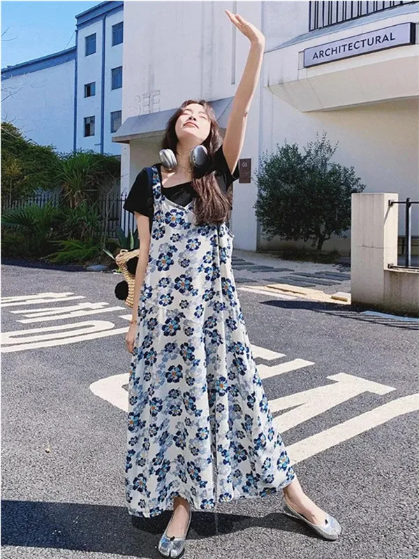 Retro Floral Print Wide Leg Pants Women's Summer New Sle Casual Slimming Strap Susps Skirt High Waist Long Pants